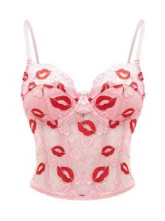 Corsetto in pizzo con stampa di baci San Valentino rosa anni '50
