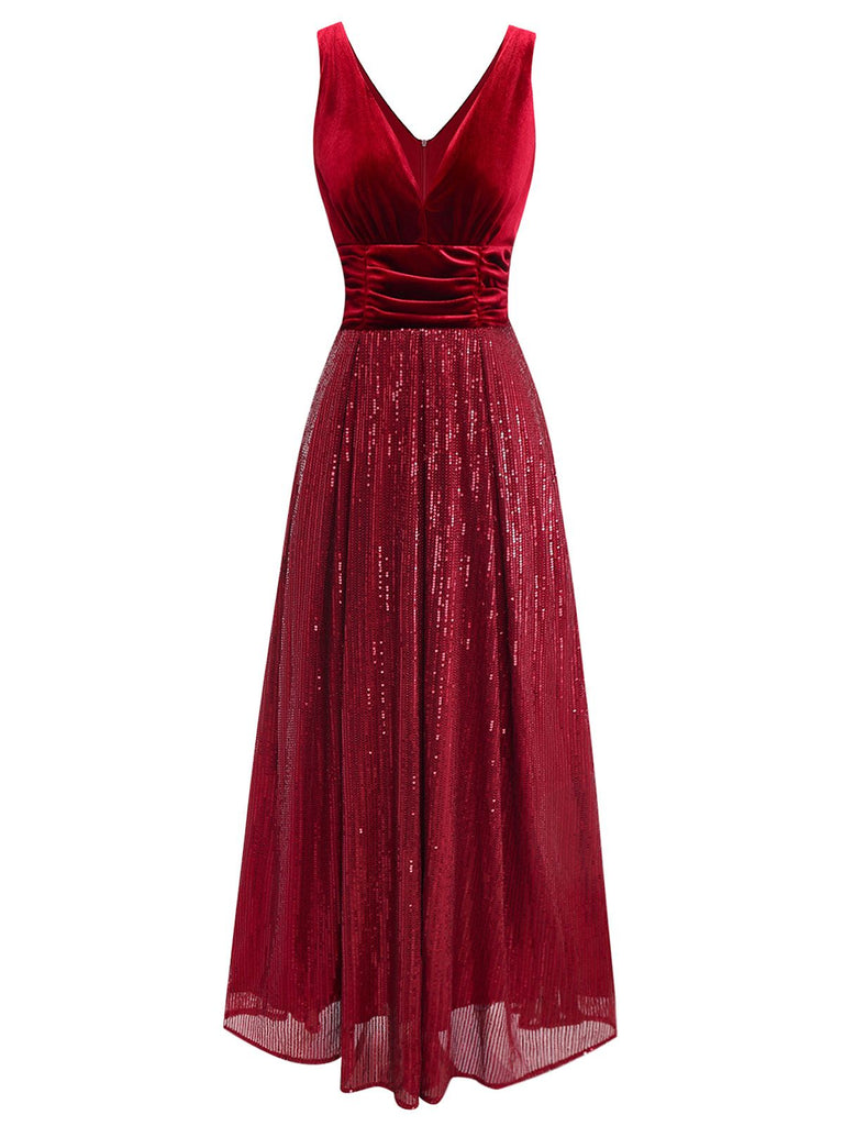 Abito lungo paillettes in velluto con scollo a V bordeaux anni '50