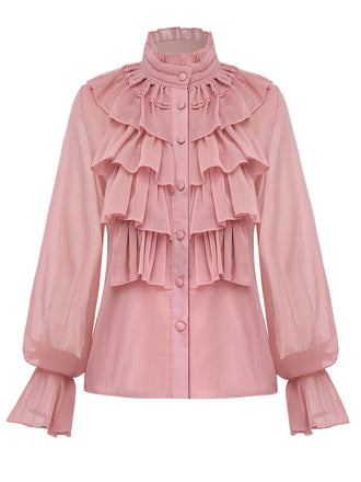 Camicetta in chiffon con volant e collo alto rosa anni '80