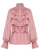Camicetta in chiffon con volant e collo alto rosa anni '80