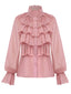 Camicetta in chiffon con volant e collo alto rosa anni '80