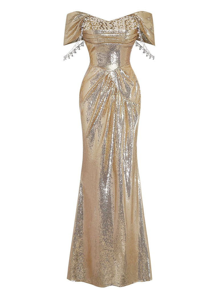 Abito da sera in paillettes con spalle scoperte oro anni '80
