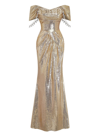Abito da sera in paillettes con spalle scoperte oro anni '80
