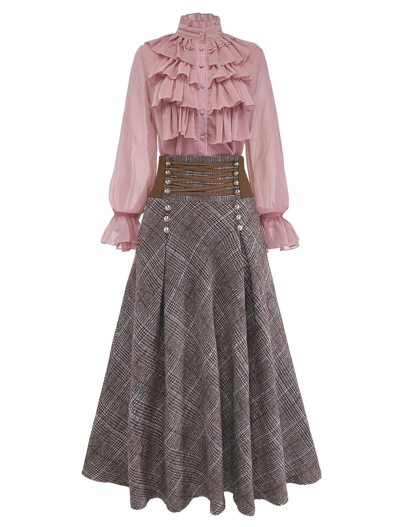 2PCS Camicetta con volant in chiffon e gonna a quadri anni '80