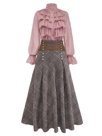 2PCS Camicetta con volant in chiffon e gonna a quadri anni '80