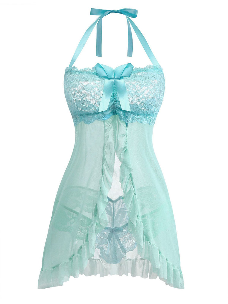 [Prevendita] Completo intimo in pizzo con fiocco e volant blu acqua anni '80