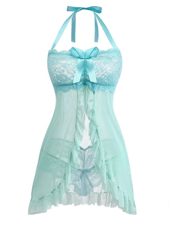 [Prevendita] Completo intimo in pizzo con fiocco e volant blu acqua anni '80
