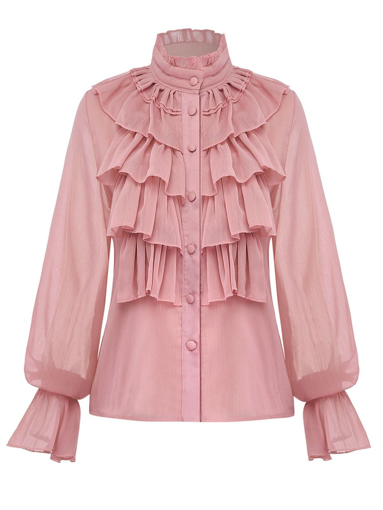 2PCS Camicetta con volant in chiffon e gonna a quadri anni '80