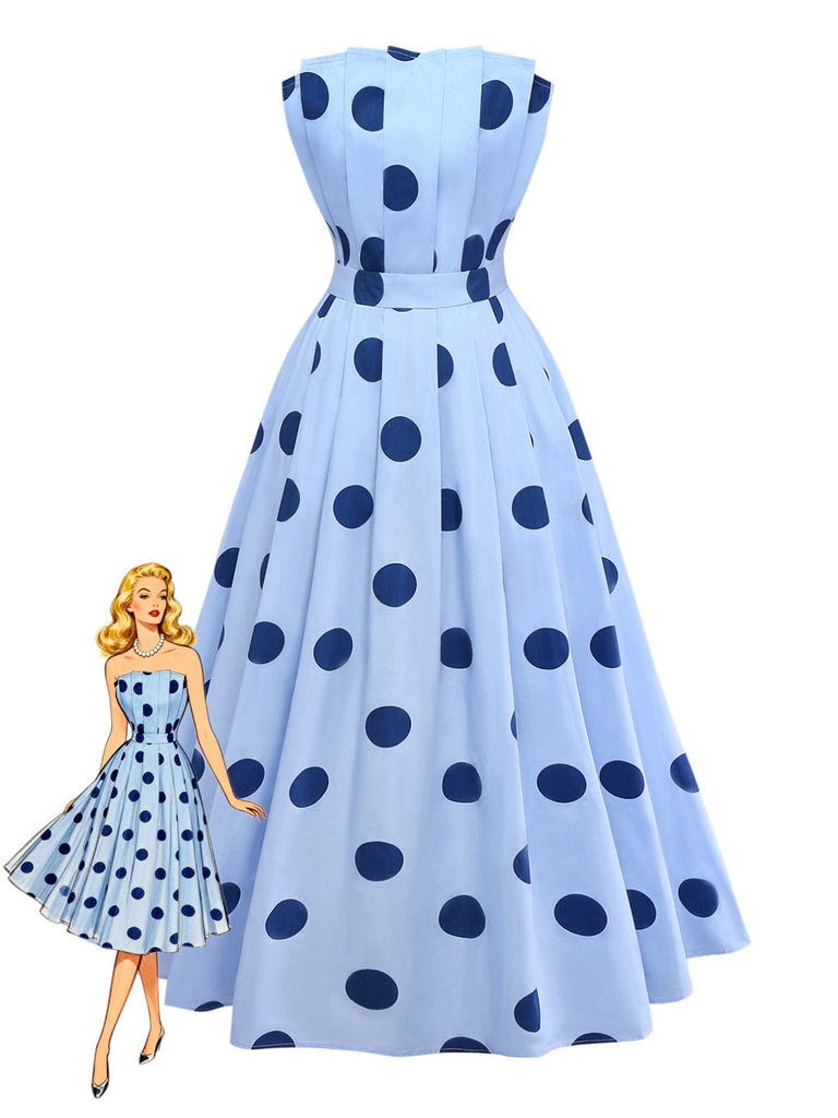 Abito a pois plissettato senza spalline blu anni '40