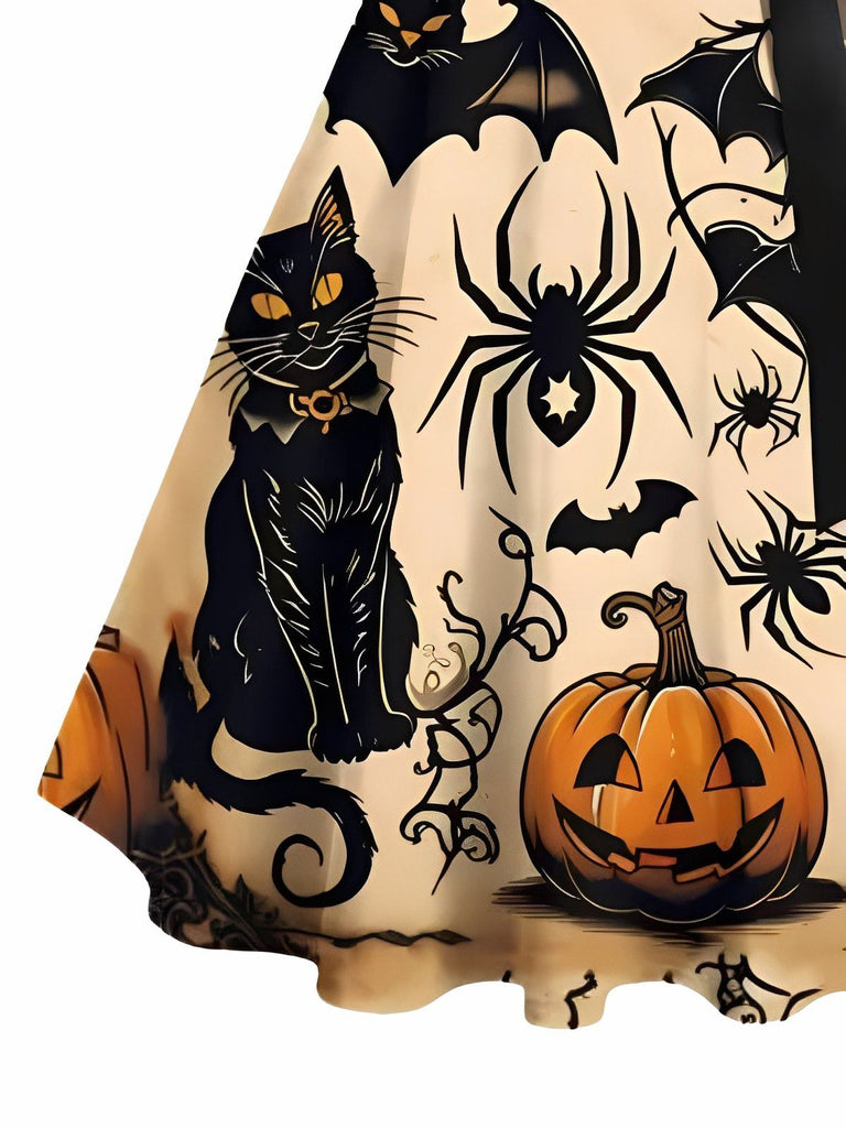 Abito con zucca e gatto e pipistrello Halloween arancione anni '50