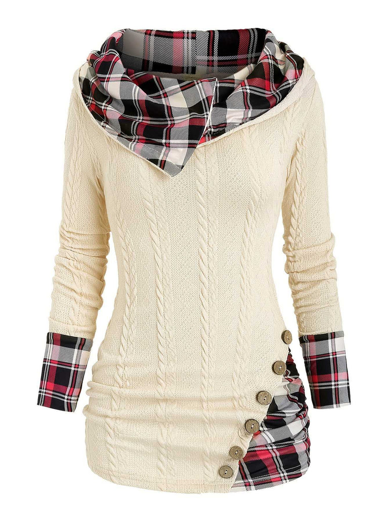 Maglione a quadri in maglia con cappuccio e bottoni anni '40