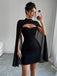 Abito aderente con mantello in chiffon di perle nero anni '80