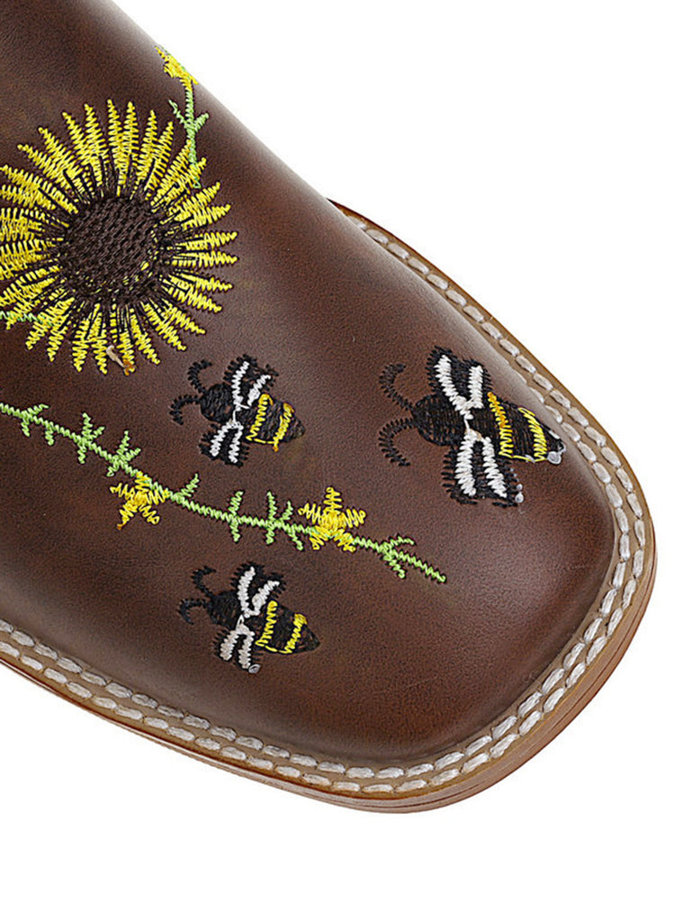 Stivali da cowgirl western ricamati con girasoli marroni a metà polpaccio