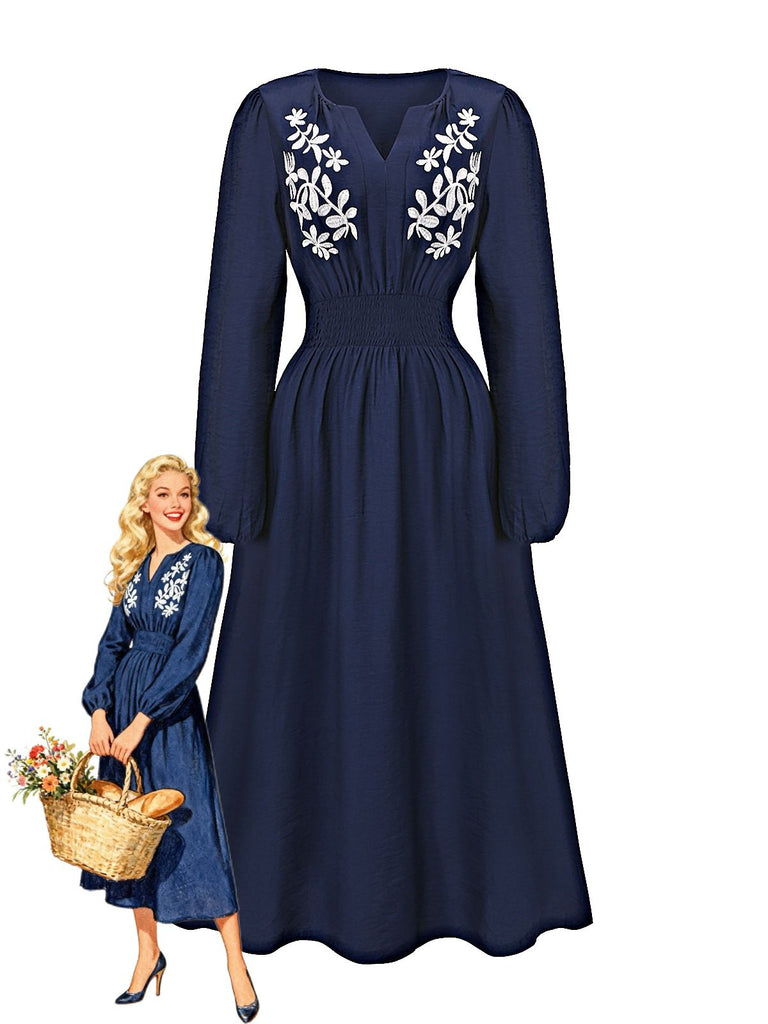 Abito lungo con ricami floreali blu navy anni '70