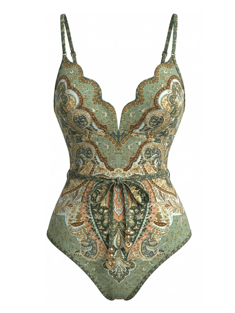 Costumi Intero Verde Anni '70 Bohemien con Colletto a Petalo