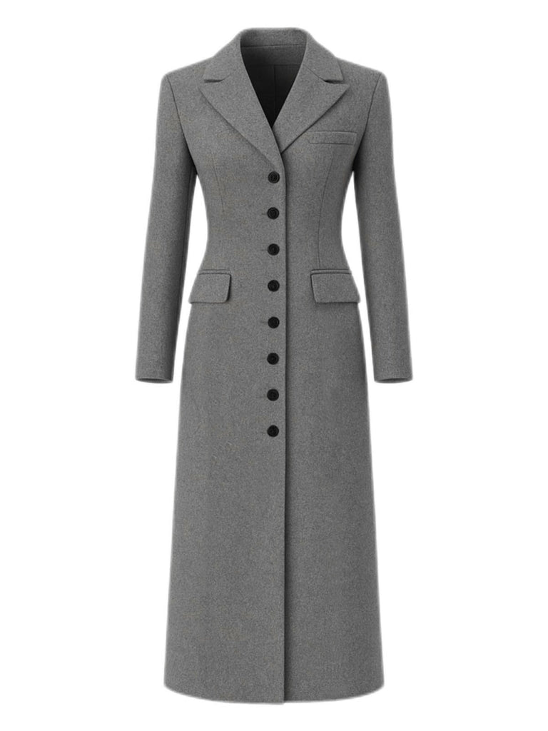 Cappotto in finta lana con bottoni e revers a tinta unita grigio anni '30