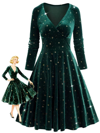 Abito in velluto con scollo a V e stelle verde scuro anni '40