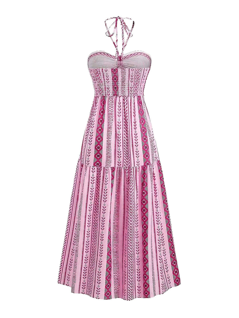 Abito boho con stampa etnica e scollo all'americana anni '70