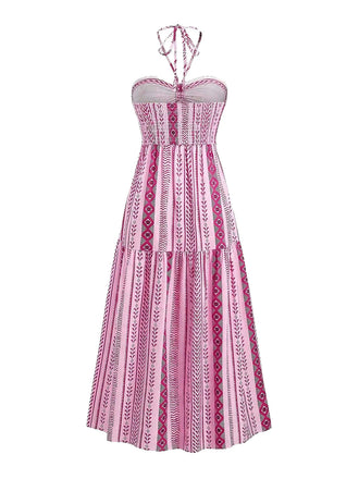 Abito boho con stampa etnica e scollo all'americana anni '70