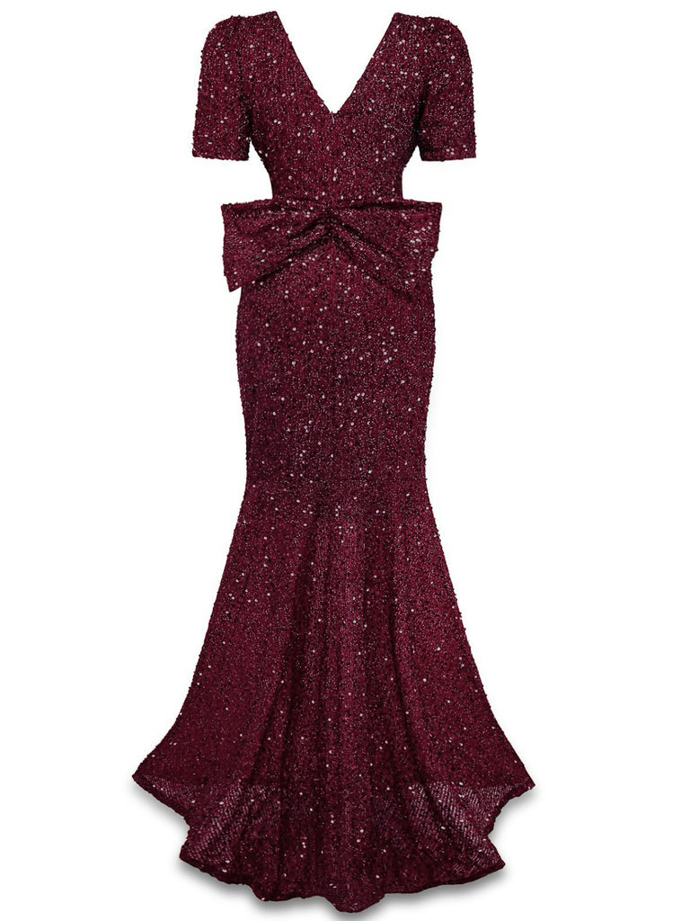 Abito lungo a sirena con fiocco di paillettes bordeaux anni '30