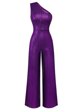 Tuta lunga monospalla con paillettes viola anni '70
