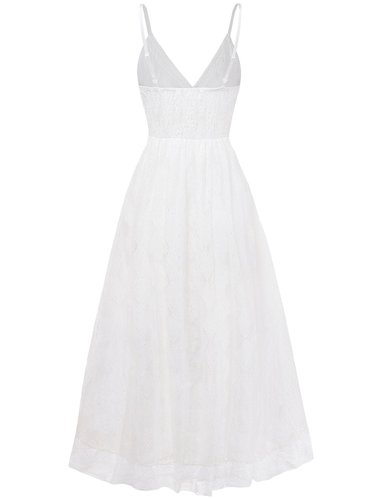 Abito lungo in pizzo boho con scollo a V bianco anni '70