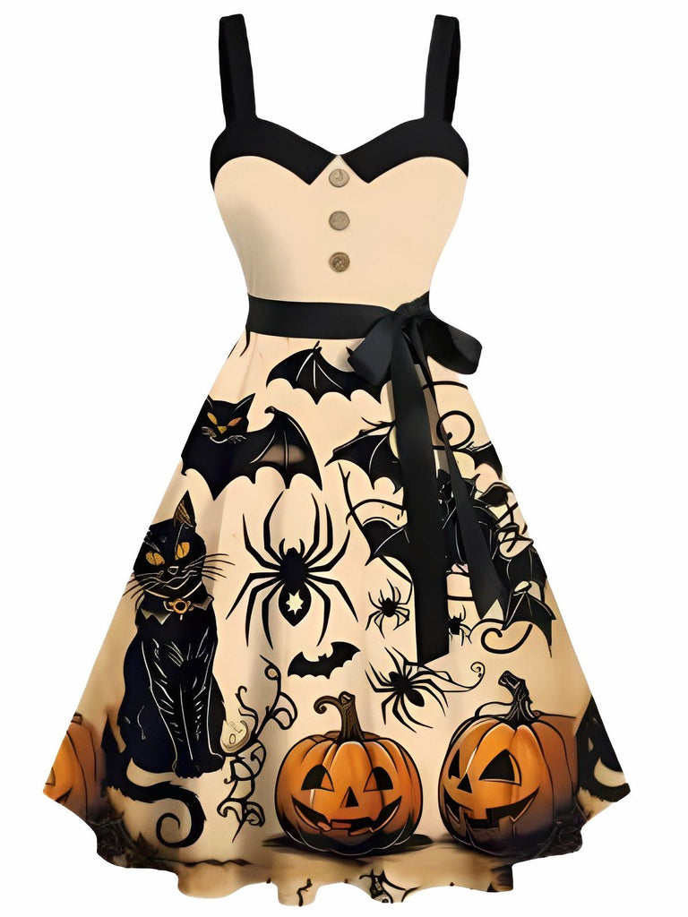 Abito con zucca e gatto e pipistrello Halloween arancione anni '50