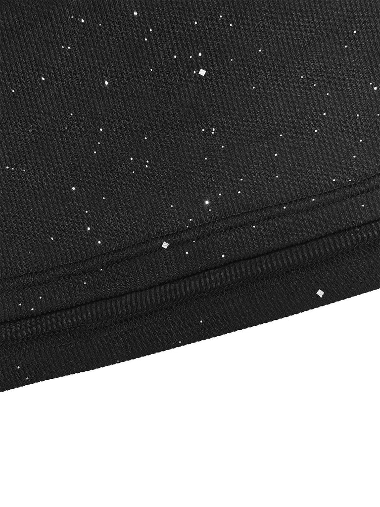 Abito aderente con mantello in chiffon di perle nero anni '80