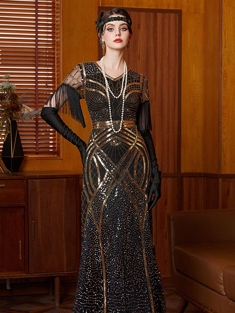 Abito lungo in paillettes e nappe con scollo a V oro anni '20