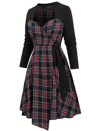 [Taglia Forti] Abito patchwork a quadri nero anni '40