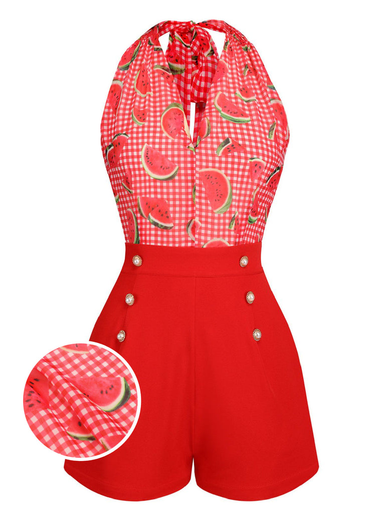Tuta corta anguria plaid scollo all'americana rosso anni '50