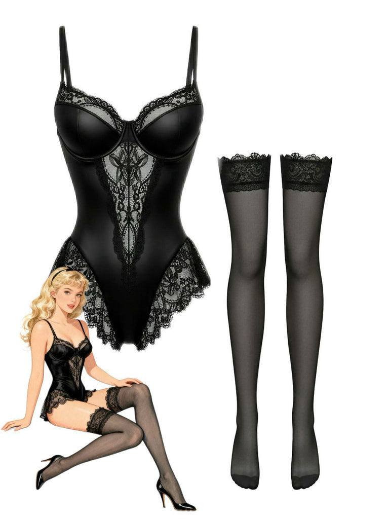[Prevendita] Lingerie con ferretto e pizzo in raso con calze nero anni '80