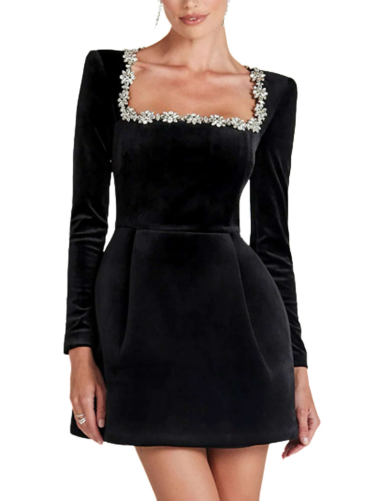 Abito in velluto con scollo quadrato e diamanti nero anni '60