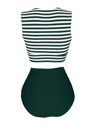 Costume da bagno patchwork a righe verde anni '70