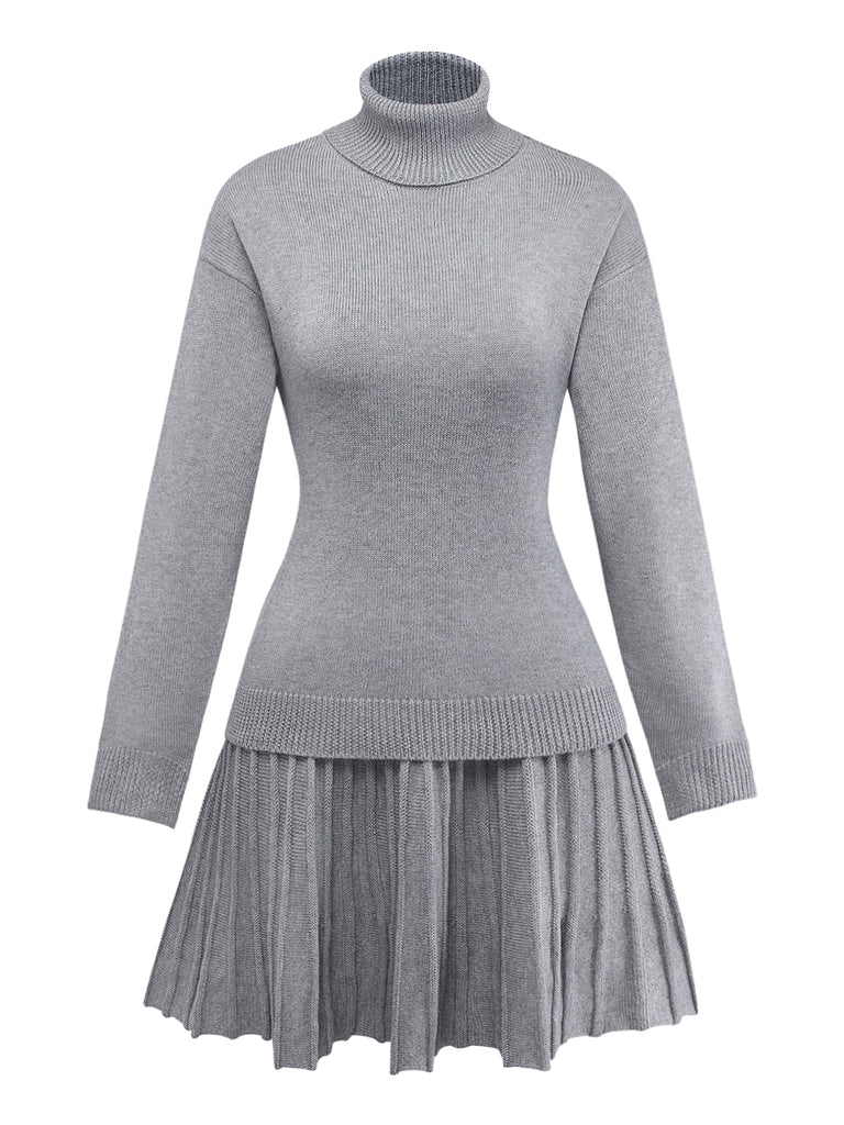 2PCS Maglione a collo alto a maglia e gonna plissettata anni '60