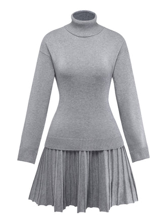 2PCS Maglione a collo alto a maglia e gonna plissettata anni '60