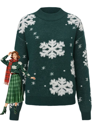 Maglione con fiocco di neve a collo alto in pile natalizio anni '40