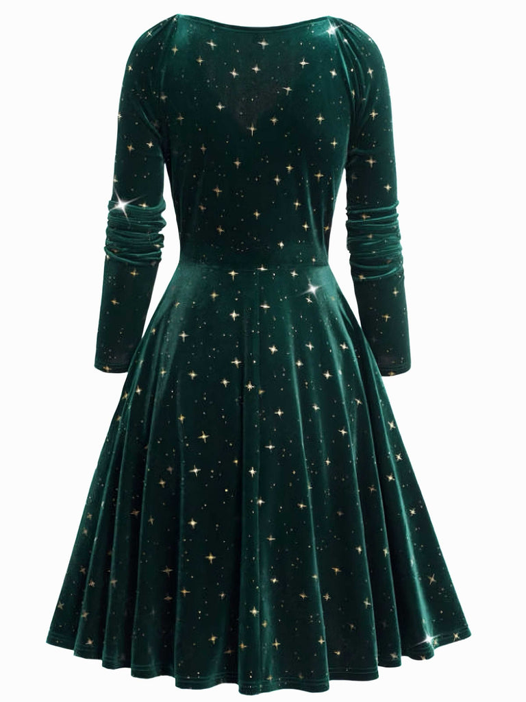 Abito in velluto con scollo a V e stelle verde scuro anni '40