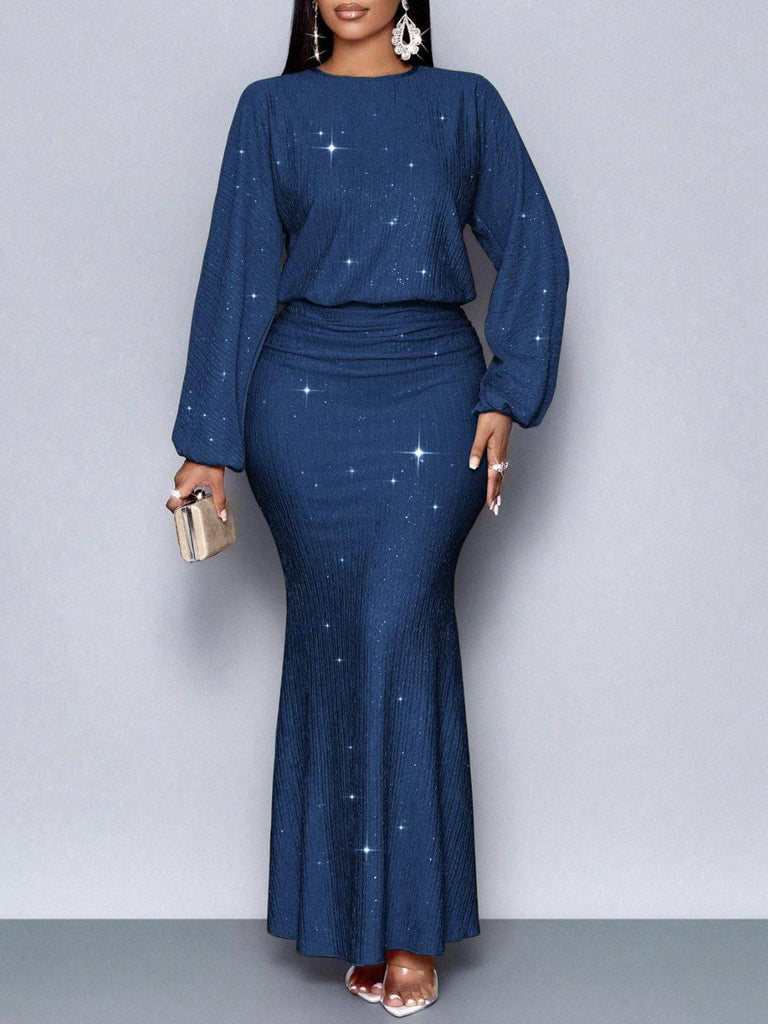 Abito a sirena in maglia glitter con maniche a lanterna anni '30