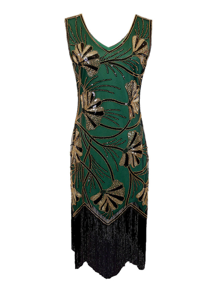 Abito flapper con scollo a V e perline e paillettes anni '20