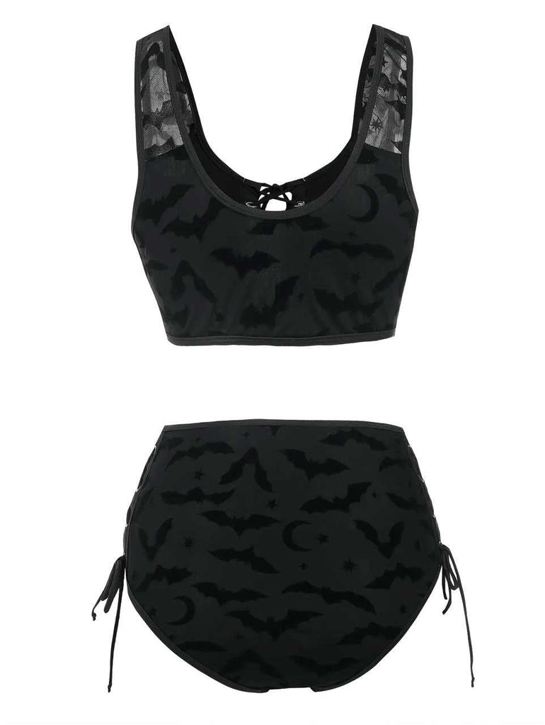 Set bikini gotico pipistrello spalline rete nero anni '80
