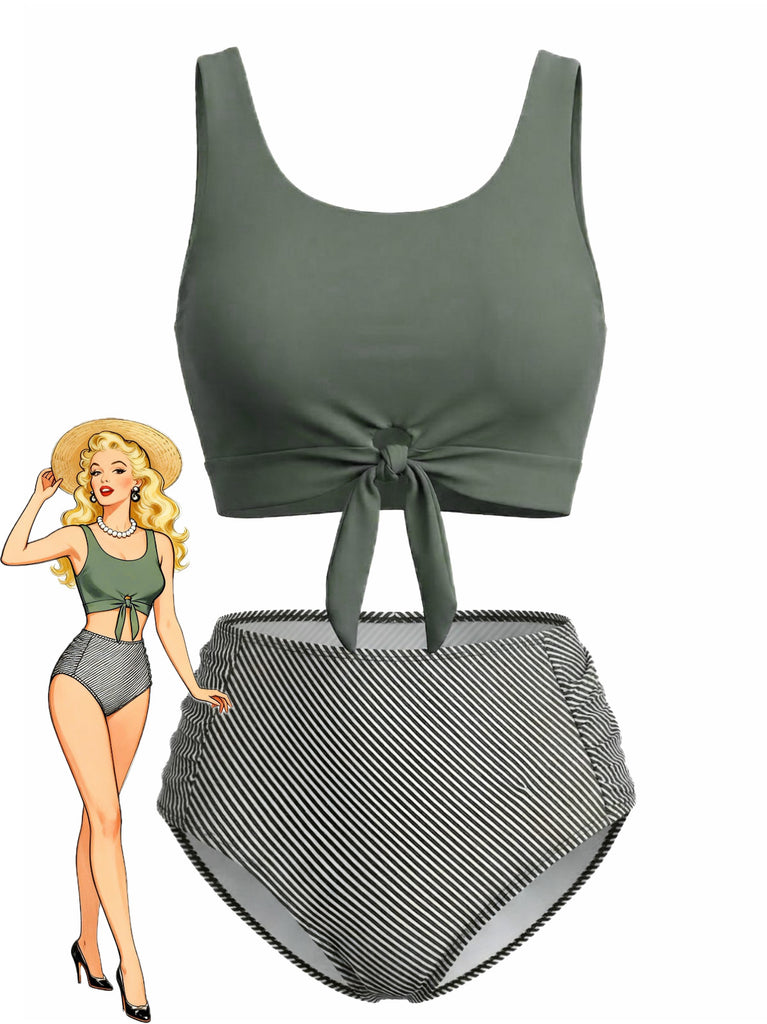 Set Tankini  Anni '40 Verde Oliva con Nodo Davanti a Vita Alta