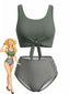 Set Tankini  Anni '40 Verde Oliva con Nodo Davanti a Vita Alta