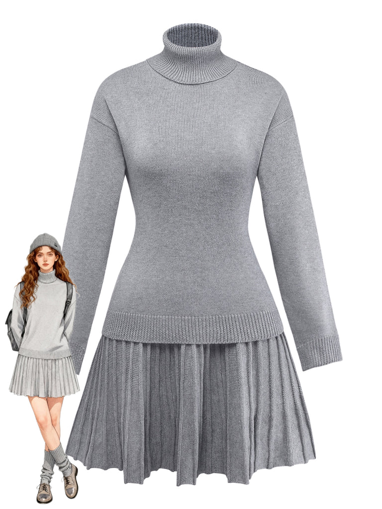 2PCS Maglione a collo alto a maglia e gonna plissettata anni '60