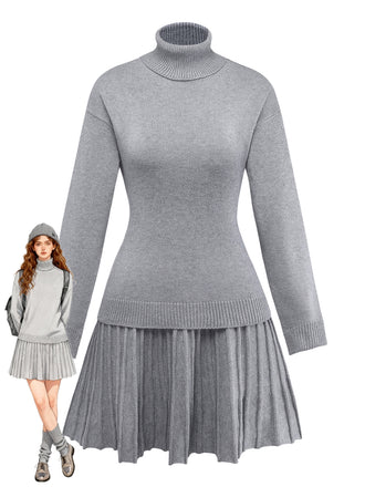 2PCS Maglione a collo alto a maglia e gonna plissettata anni '60
