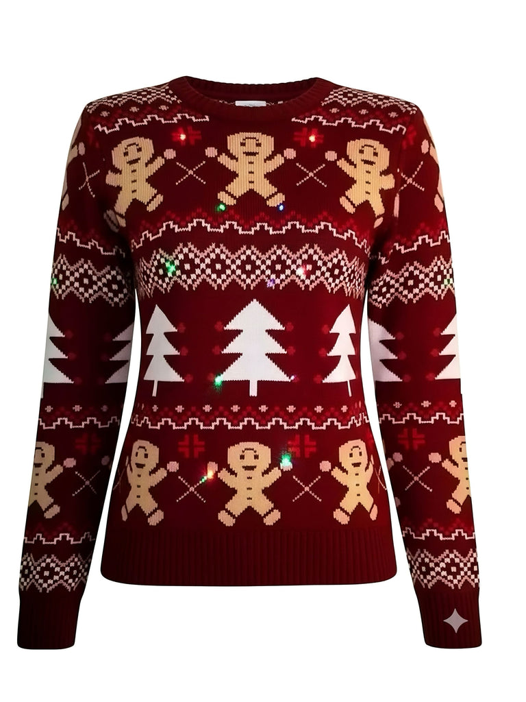 Maglione con albero di Natale e pan di zenzero rosso anni '60