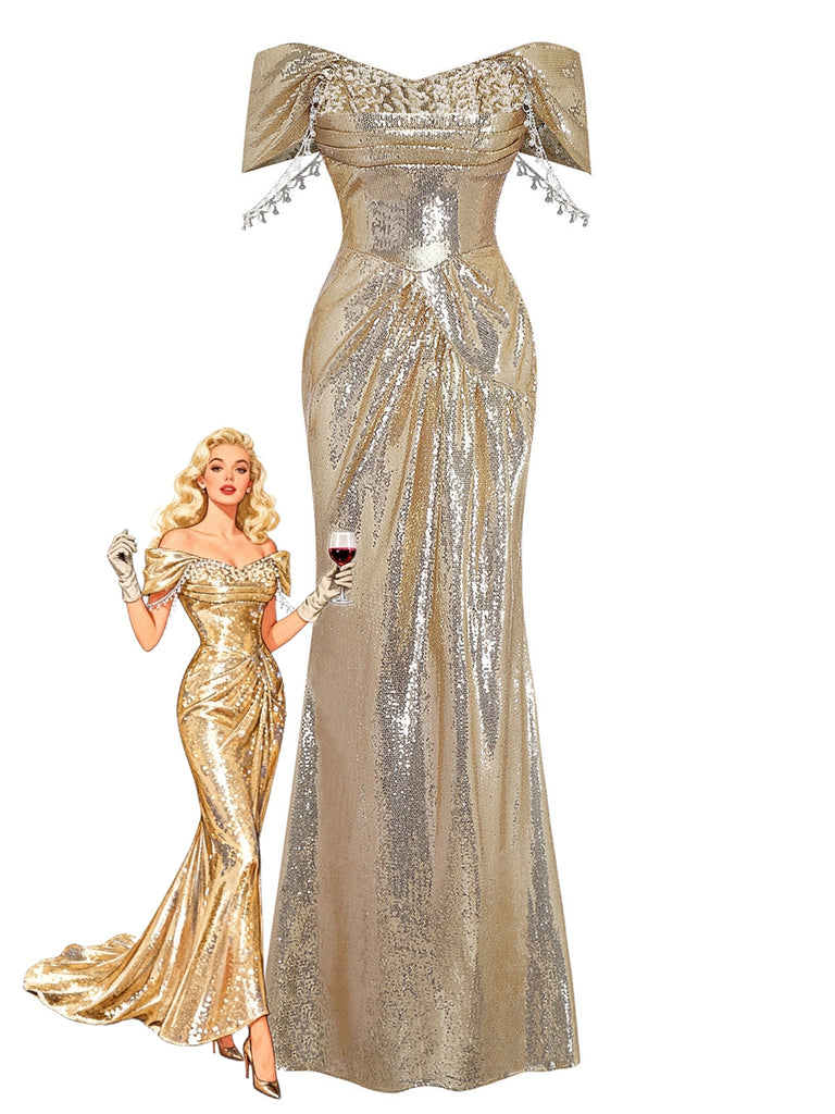 Abito da sera in paillettes con spalle scoperte oro anni '80