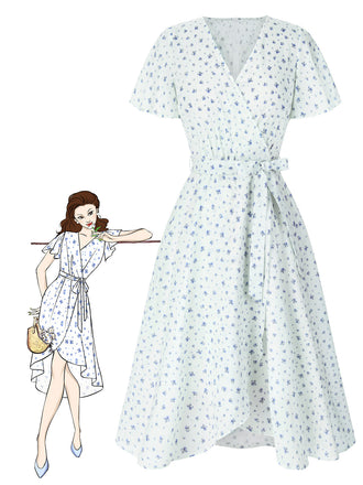 Abito floreale con cravatta obliqua in cotone bianco anni '40