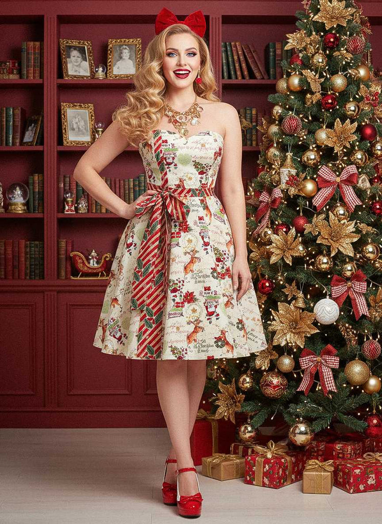 Abito senza spalline con fiocco di Babbo Natale natalizi anni '50