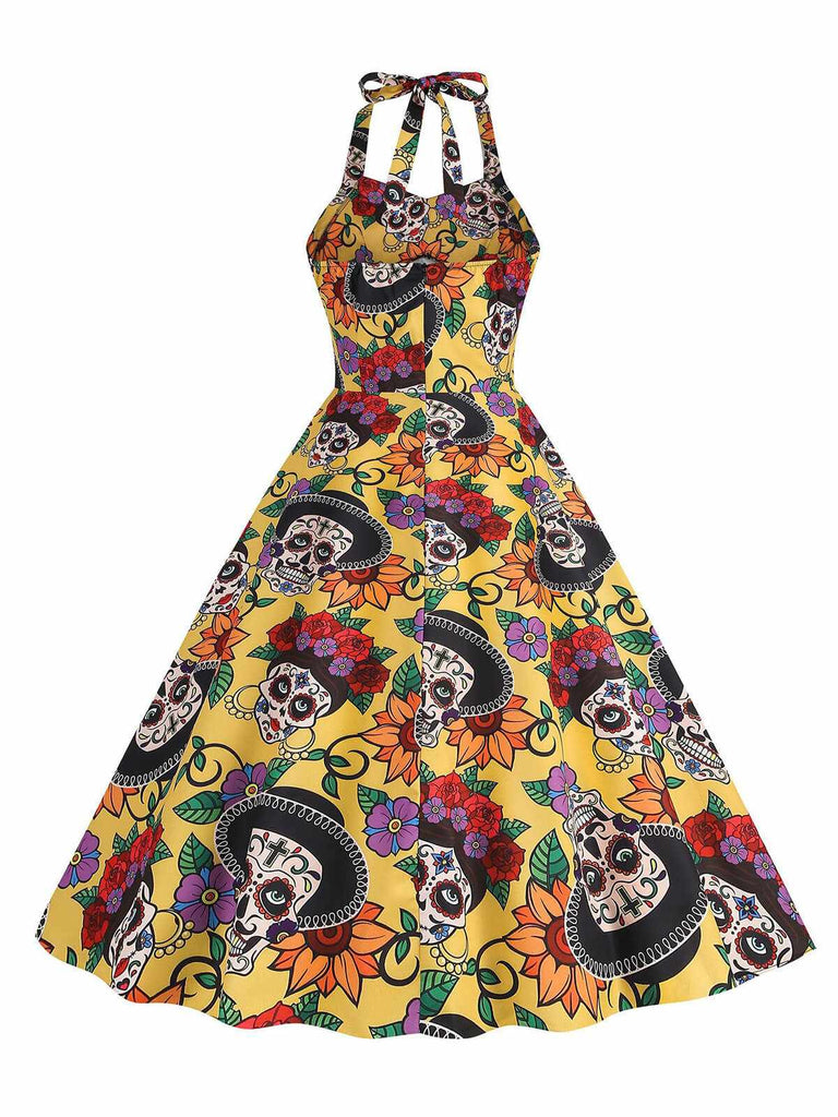 Abito con teschio hippie e fiocco giallo anni '50